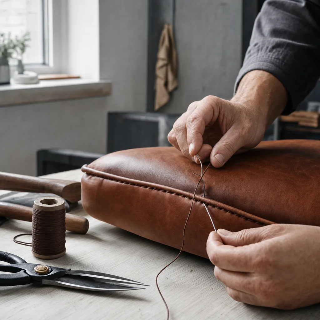 Craftsman's hands hand-stitching a cognac leather cushion at a workbench