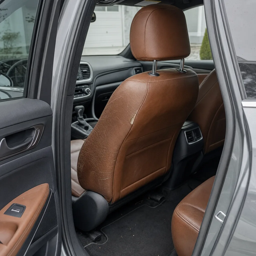 Car front seat in cognac leather with a worn, cracked seat back, seen through the open rear door