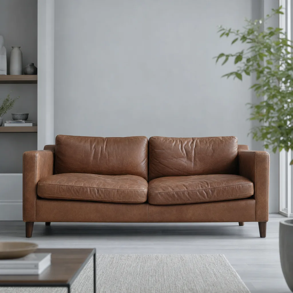 Well-loved leather sofa with softly sagging cushions in a bright living room