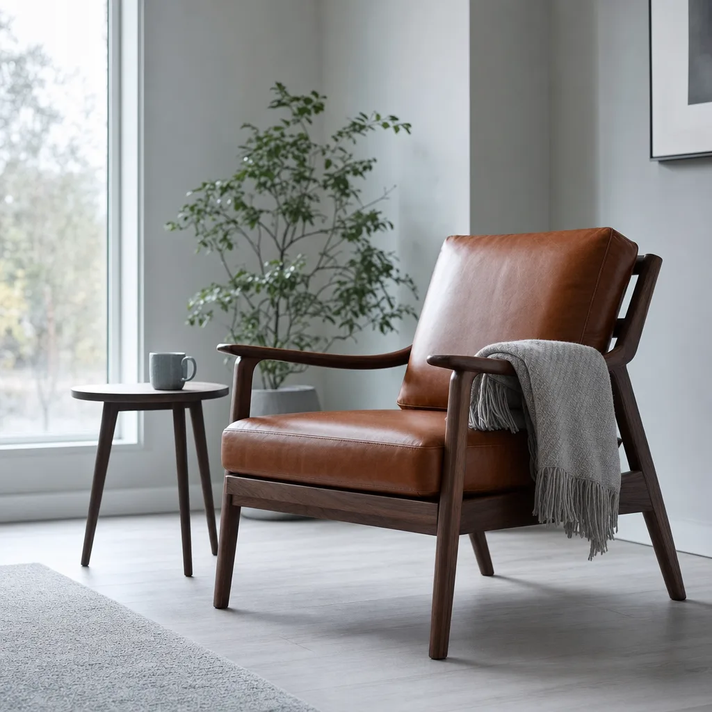 Restored cognac leather armchair with walnut frame in a bright living room